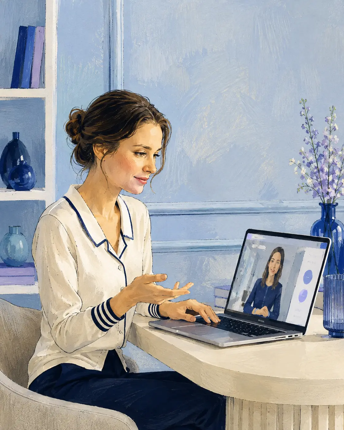A student learning English online with her teacher