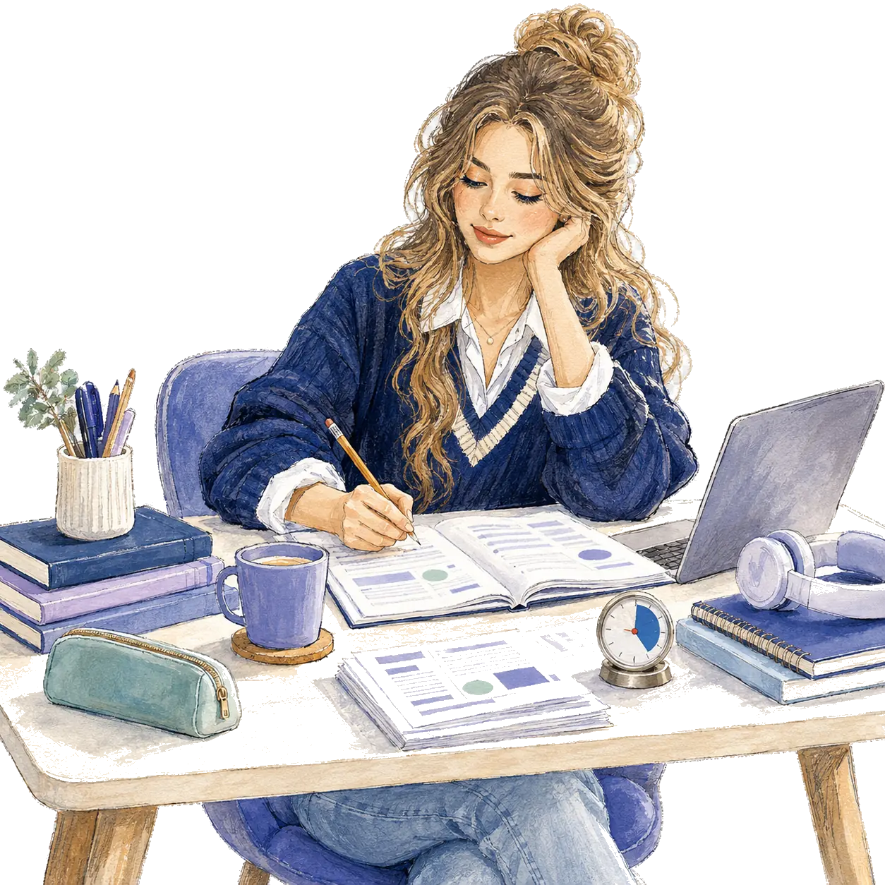 A student preparing intently for an international exam