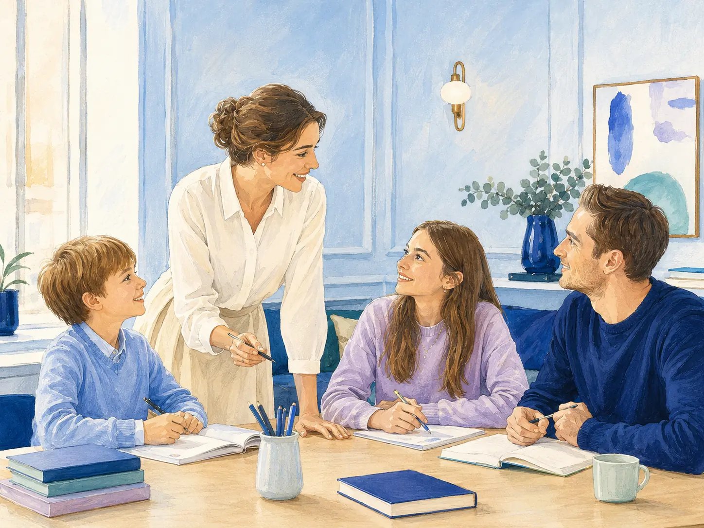 A Fluency Way teacher having a lively conversation with a child, a teen and an adult student